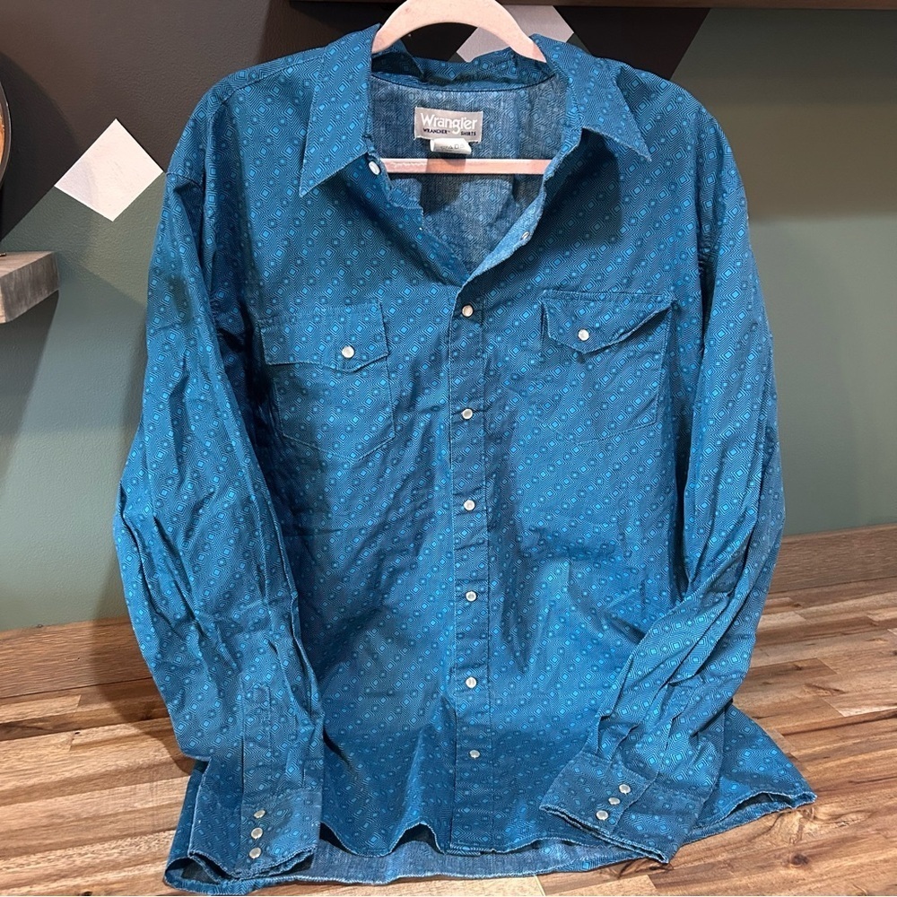 Wrangler Blue Western Pearl Snap Shirt XL | Geometric, Cowboy, Ranchcore